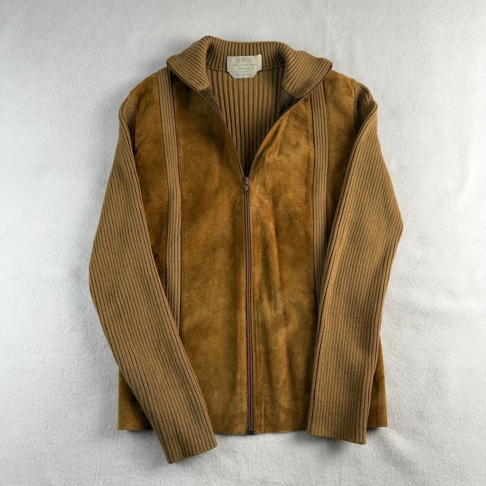 Barneys New York Vintage Italy Suede Wool Knit Zip Jacket sz M Camel Brown